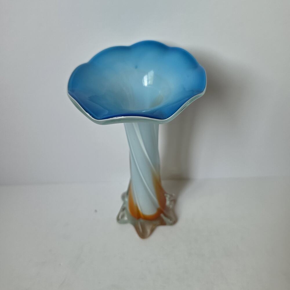 Vtg Murano Style Jack in the Pulpit Orange Blue White Ribbed Art Glass Vase 9”